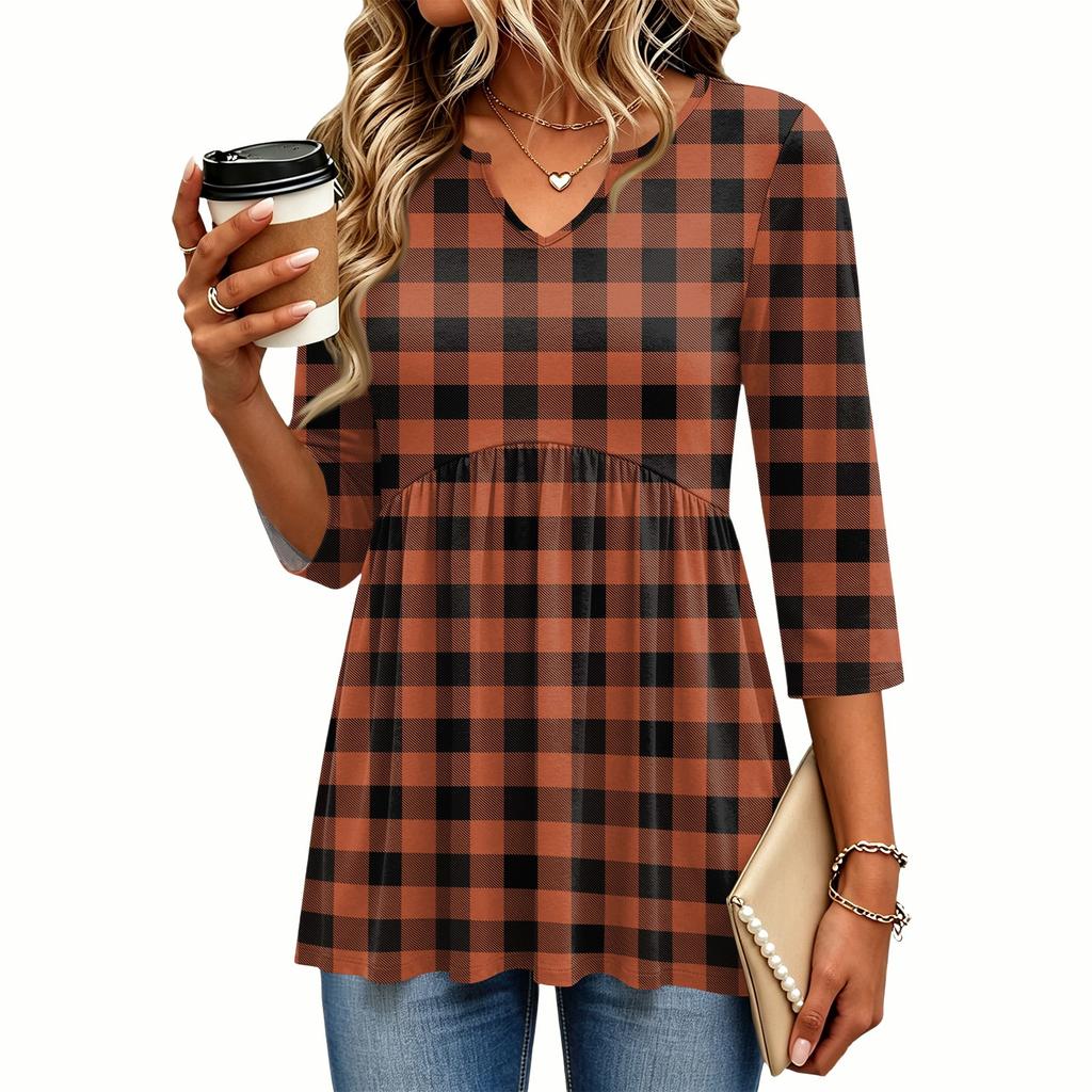 Women's Casual Plaid Print V-Neck Blouse with Three-Quarter Sleeves for Everyday Outfits