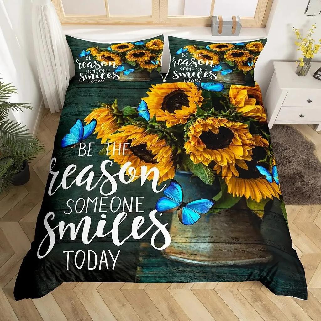 Sunflower Duvet Cover Set Full Size for Girl Yellow Flower Bedding Set Botanical Floral Comforter Cover on Teal Wood Quilt Cover