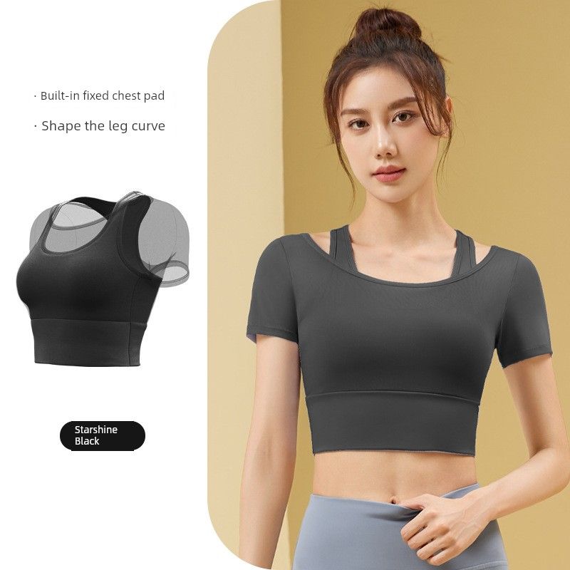 

Summer Fitness Yoga Wear Tops Women s Short Sleeve with Chest Pad Integrated Quick-Drying Fake Two-Piece Mesh Breathable Sports T-shirt Xingyao Black [Short Sleeve]] S (40.00 kg-47.50 kg