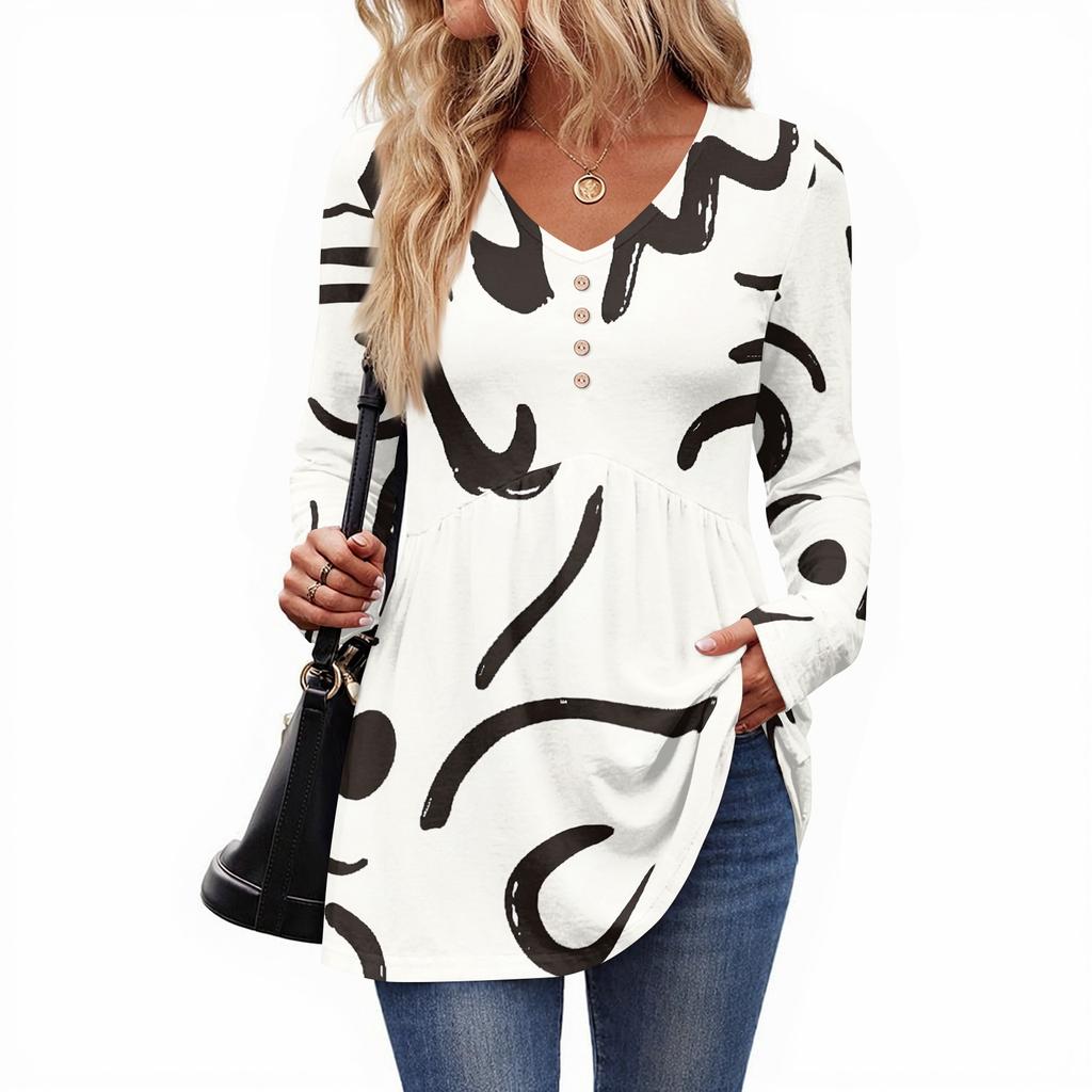 Top casual de damă la modă cu gât în V, nasturi, imprimeu floral retro, mâneci lungi