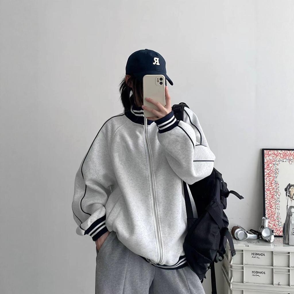 Retro Striped Baseball Jacket Stand-up Collar Hatless Contrast Sweater Jacket Spring and Autumn Korean Top