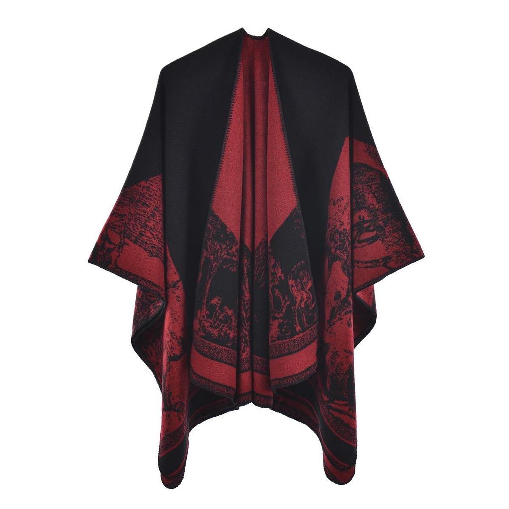 Sciarpa Autunnale e Invernale, Scialle da Viaggio Versatile a Quadri da Donna, Mantello Spaccato Spesso Etnico in Imitazione Cashmere
