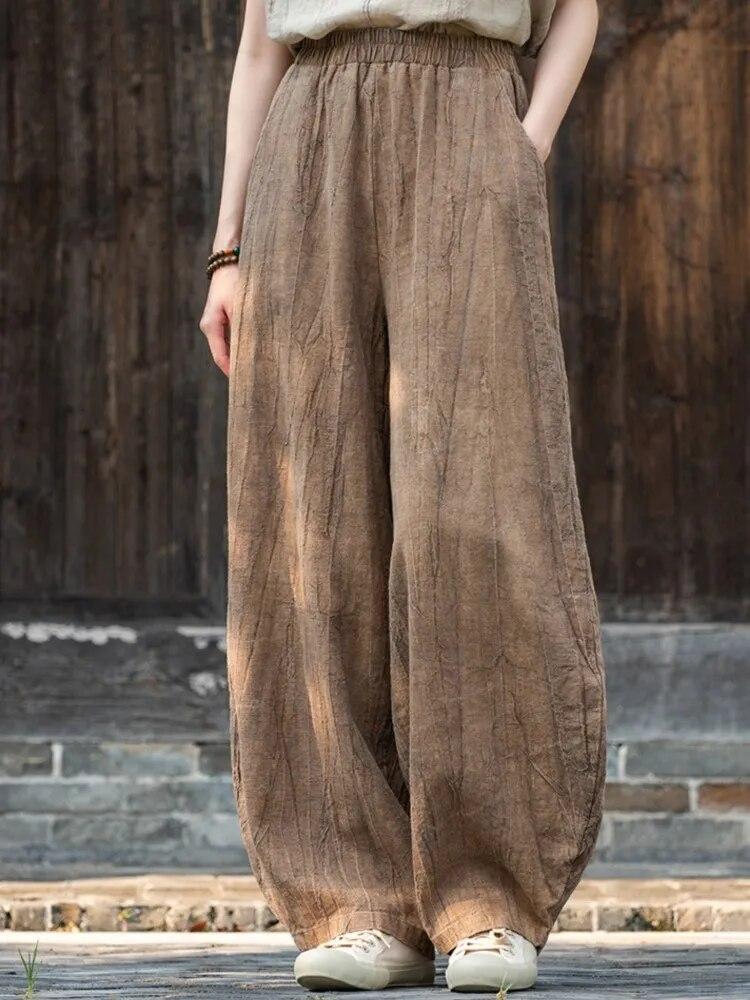 Johnature Women Vintage Tie-dye Bloomers Pants Elastic Waist Loose Spring Trouser Casual Women Long Pants