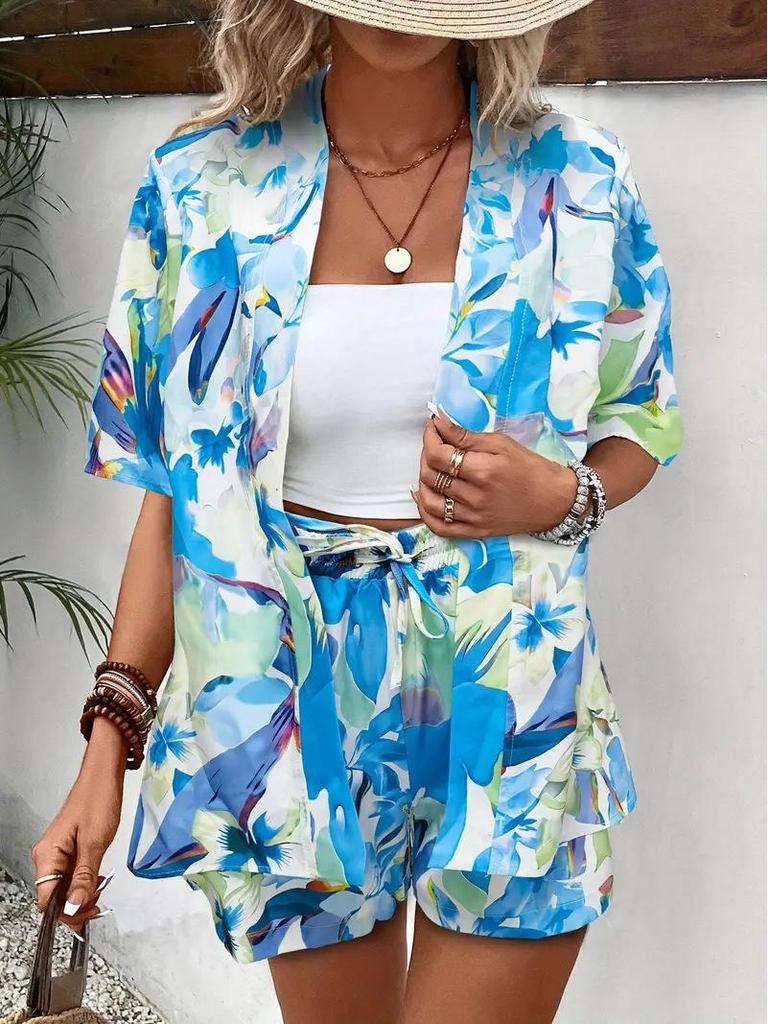 2025 Cross-Border Hot-Selling Elegant Vacation Print Two-Piece Set: Short Sleeve Shirt & High-Waist Tie Shorts