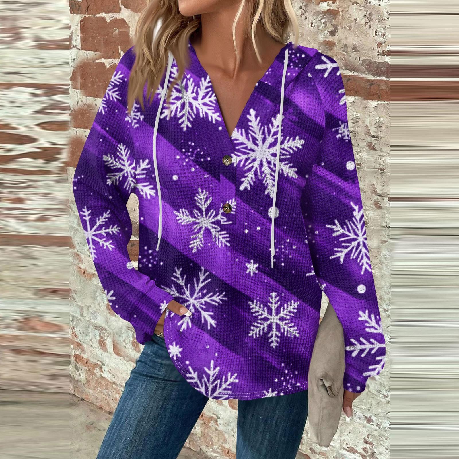 

Женский повседневный топ с длинными рукавами, пуговицами, V-образным вырезом, рождественским принтом, завязками и капюшоном M фиолетовый