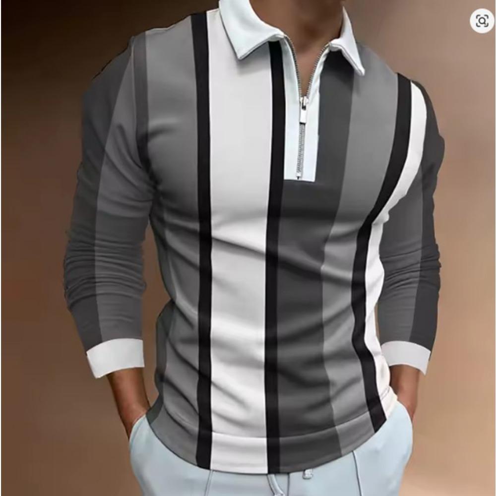 Men's 3D Stripe Printed Zipper Polo Shirt Long Sleeve Spring and Autumn Wear Trendy Brand Three-dimensional Pattern Casual Top