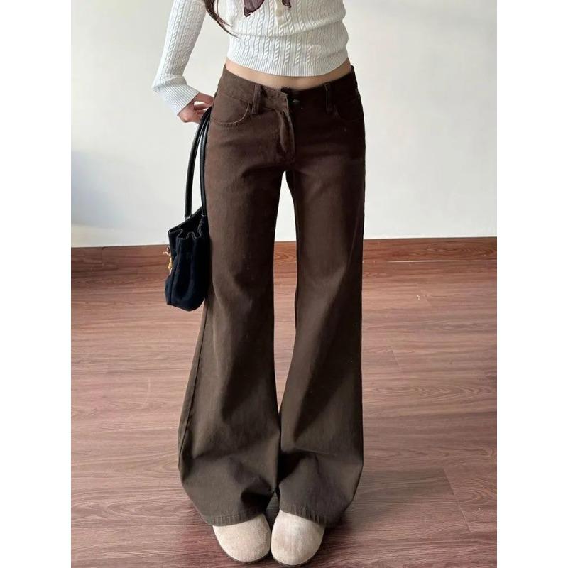 Retro Coffee-colored Slightly Pulled Jeans for Women's Autumn Low-rise Without Sticking To the Legs, Thin and Versatile Straight-leg Floor Pants