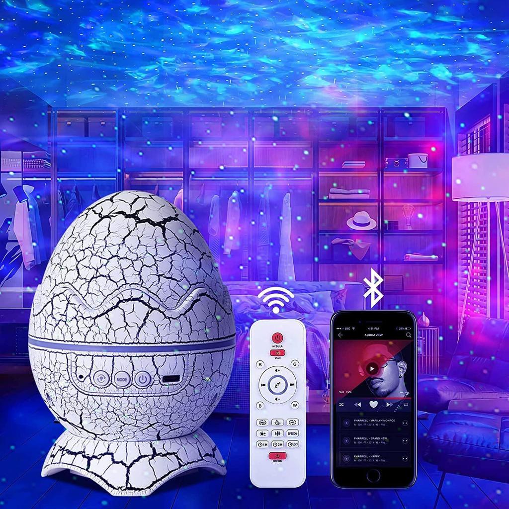 Dinosaur Egg Table Lamp and Projector: Starry Sky and Nebula Light with Remote-Controlled Speaker for Nighttime Ambiance.