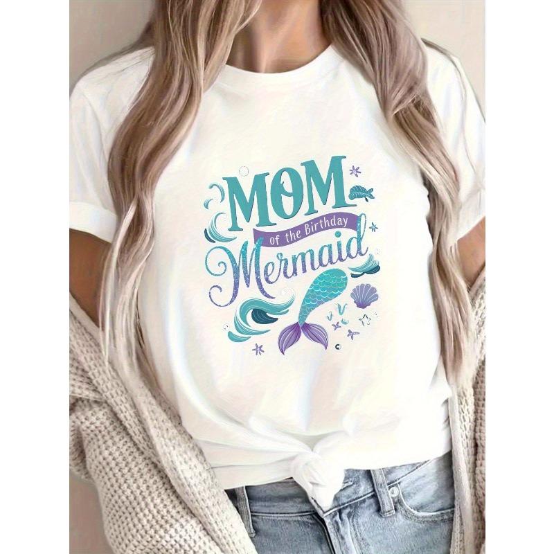 

Women s White Mermaid Mom Seashell Starfish Print Casual Short Sleeve Crew Neck Beach Party Tee 4XL