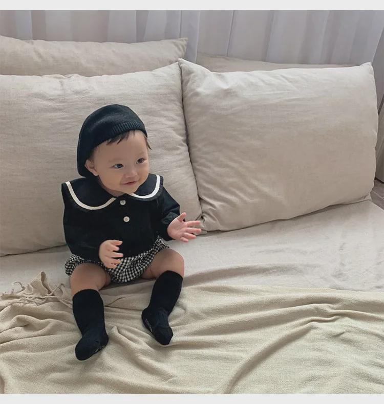 2024 Autumn Korean Navy Plaid Top & Shorts Set for Boys and Girls