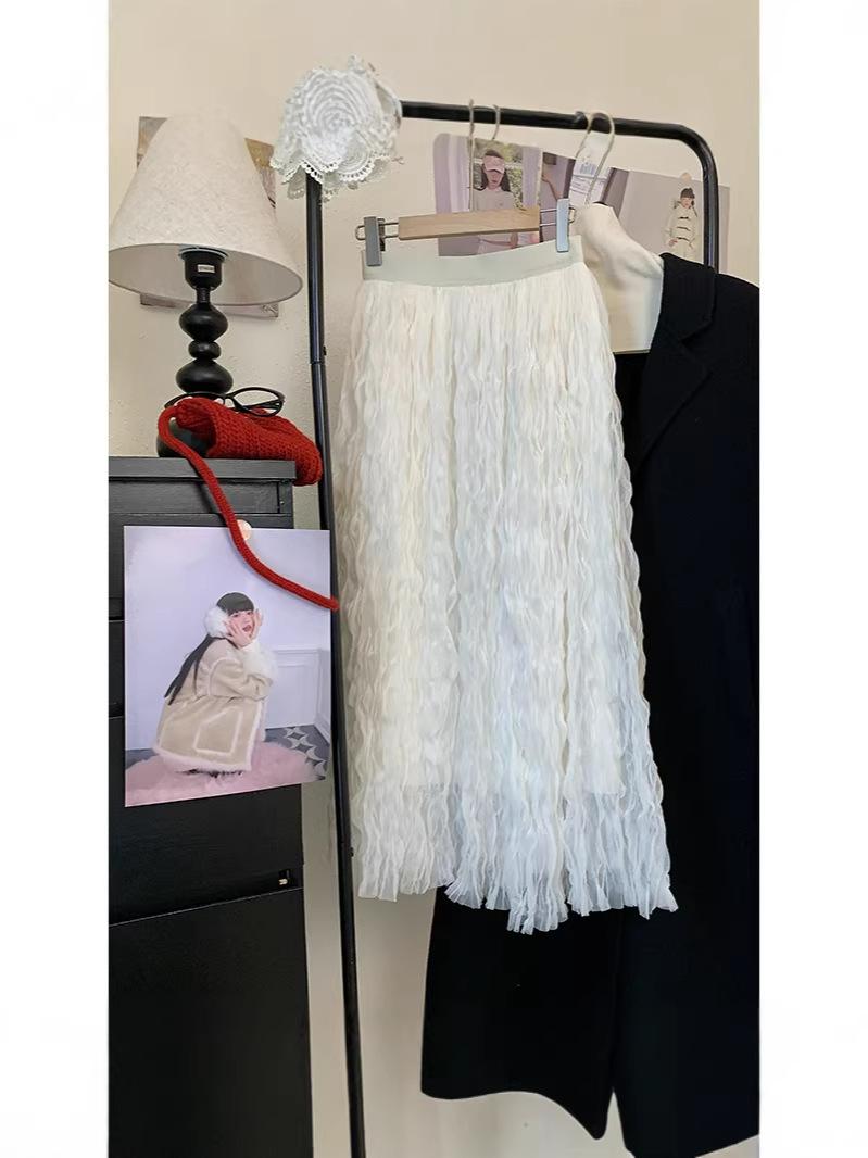 Plus Size Women s White Mesh High Waist Pleated Long Skirt 3XL