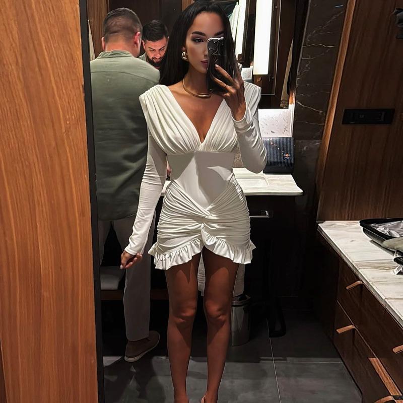 Sommer Neue Damenbekleidung Temperament Sexy Einfarbige Kragen Taille Hüfte Falten Langarmkleid