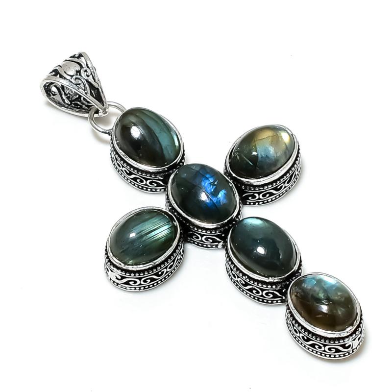 Dainty Labradorite Gemstone Pendant 925 Sterling Silver- Handmade Cross Design, Everyday Wear Jewelry, Unique Labradorite Pendant Gifts