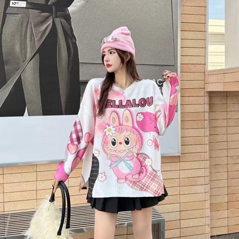 Rhinestone Cartoon Knitwear: Women's 2023 Winter Mink Velvet Loose Round Neck Sweater