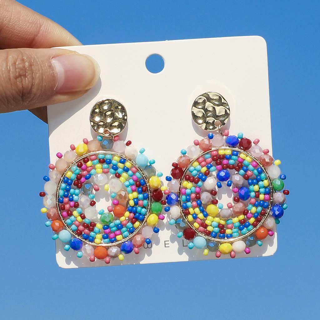 Bohemian Bunte Runde Kristallperlen Ohrhänger für Damen Handgefertigte Geometrische Ohrringe Sommer Party Schmuck Geschenk
