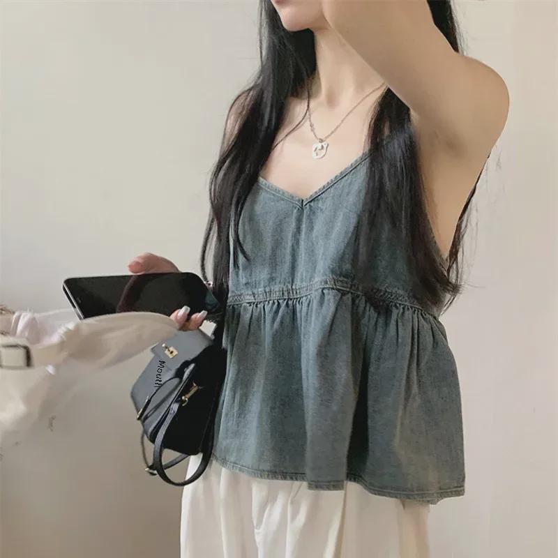 Džínová vesta s plisé v korejském stylu: Dámský top bez rukávů s volánky a vrstvením a tílko s výstřihem do V