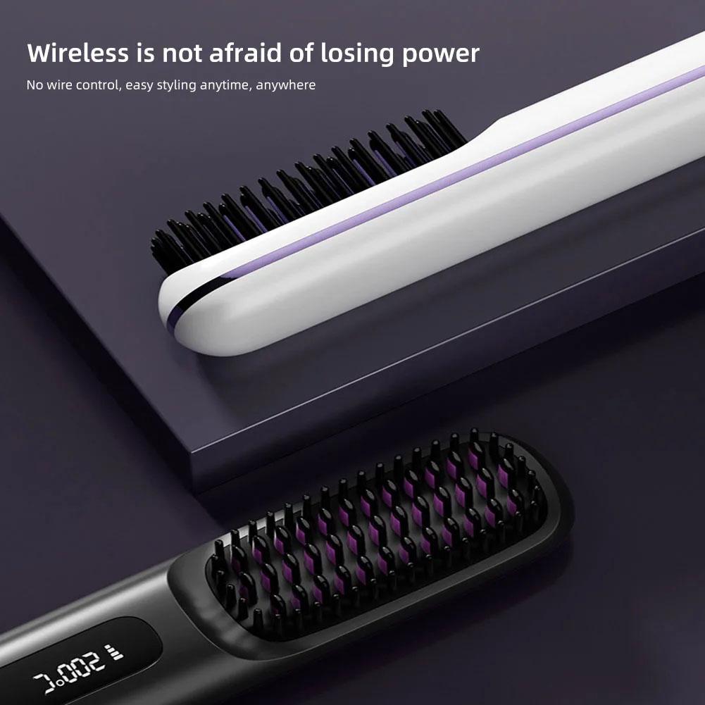 Electric LCD Usb Ceramic Heating Straight Hair Comb Wireless Portable Negative Ion Styling Tool Rechargeable Straightening Brush