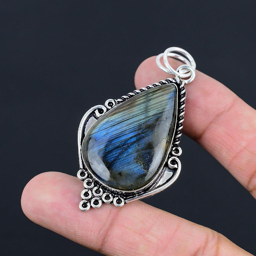 Pear Labradorite Stone Third Eye Chakra Bezel Sister New Pendant Sterling Silver