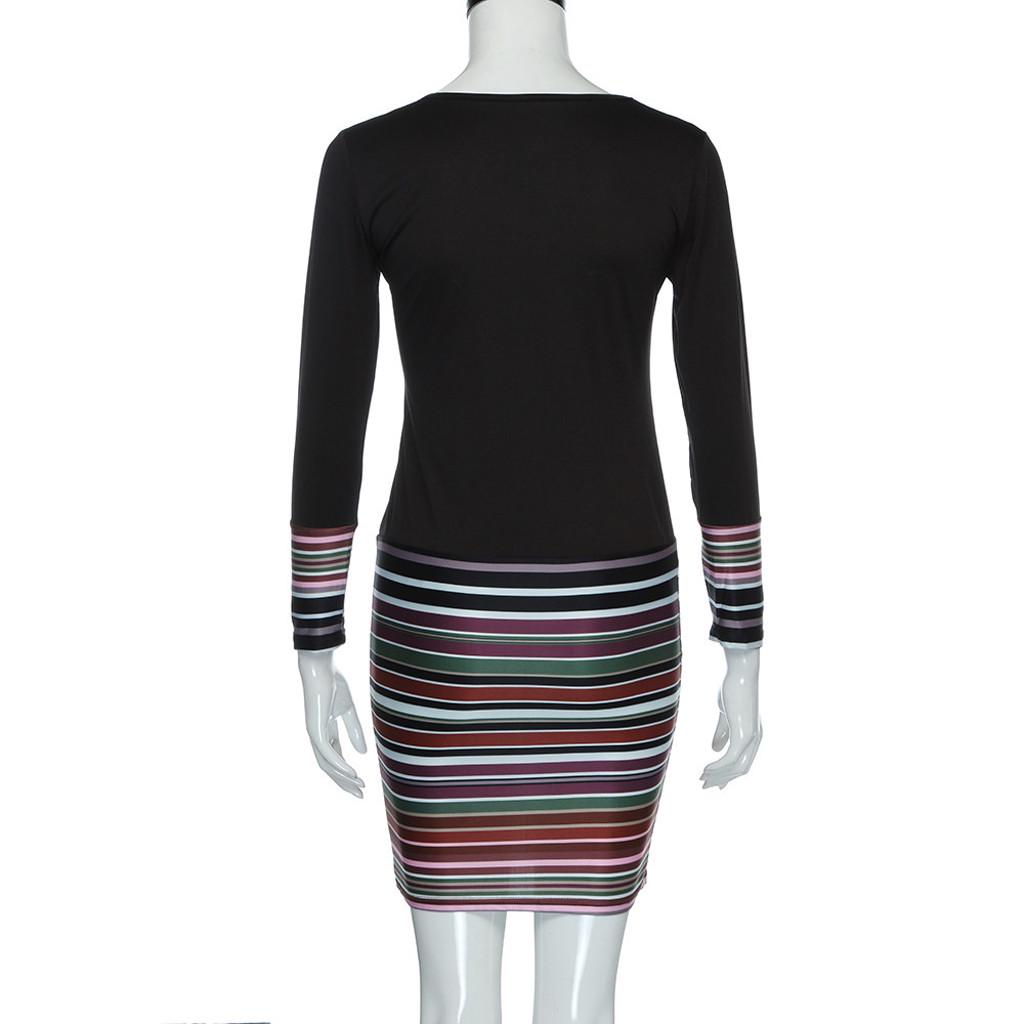 Ladies Womens Striped Patchwork V-neck Long Sleeve Dress Evening Party Dress