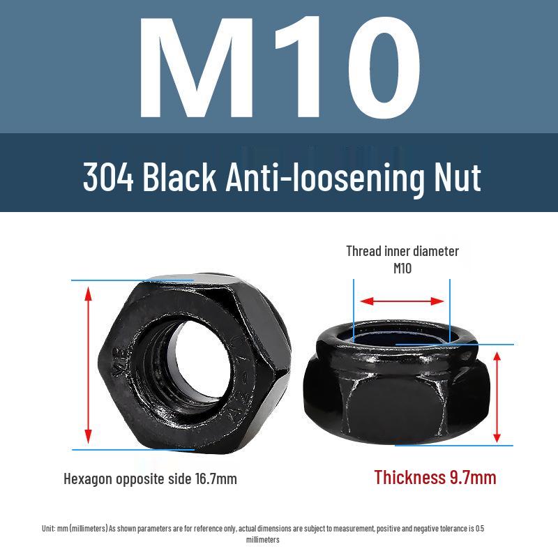 Black Anti-Loosening Locking Hex Nut (M2-M14) - 304 Stainless Steel