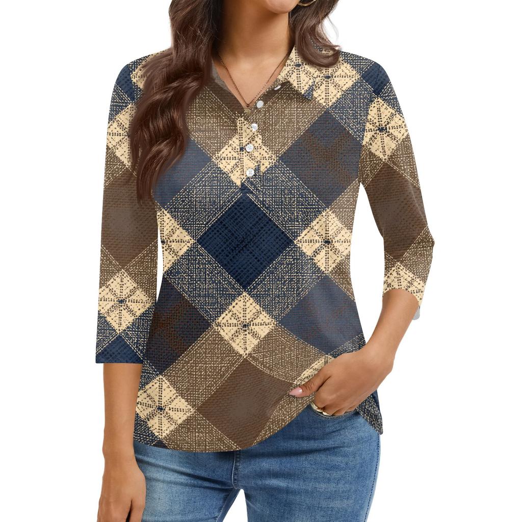 Camicia Casual da Donna con Collo a Revers, Manica Corta 3/4, Stampa, Top da Donna con Bottoni