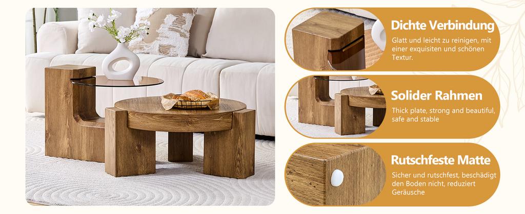 [Separable Coffee Table Set] MDF Wood-Look + 0.6 Cm Brown-Tinted Safety Glass - Combined As a Coffee Table / Split Into Two Side Tables.