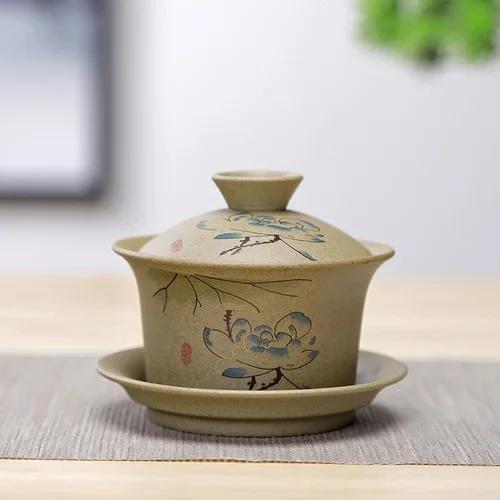 Jingdezhen ceramic Gaiwan bowl Chinese style Stoneware retro tea set Handmade Bubble tea bowl Travel Tea cup 150ml 150ml