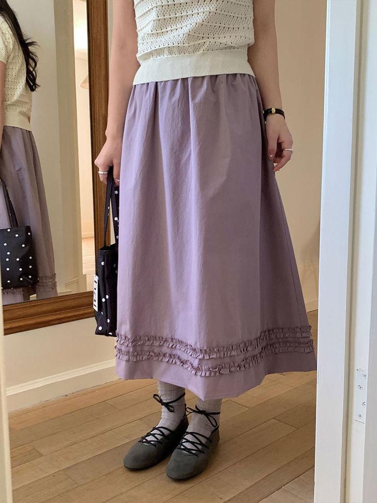Thirteen Rows Spring Korean Style Versatile Elastic Waist Casual A-line Skirt for Women