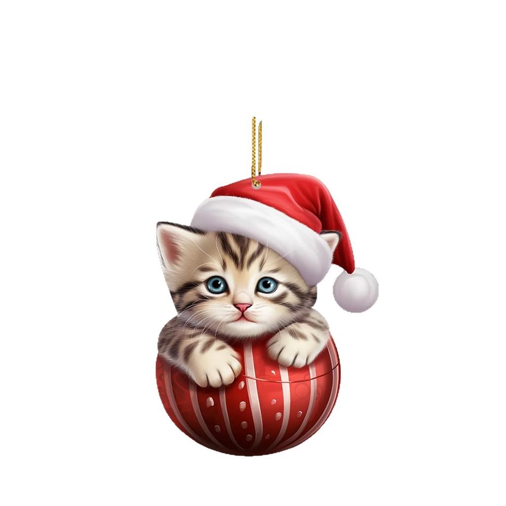 Flat Acrylic Surface Pendant With Cute Cat Wearing Christmas Hat Design Decor