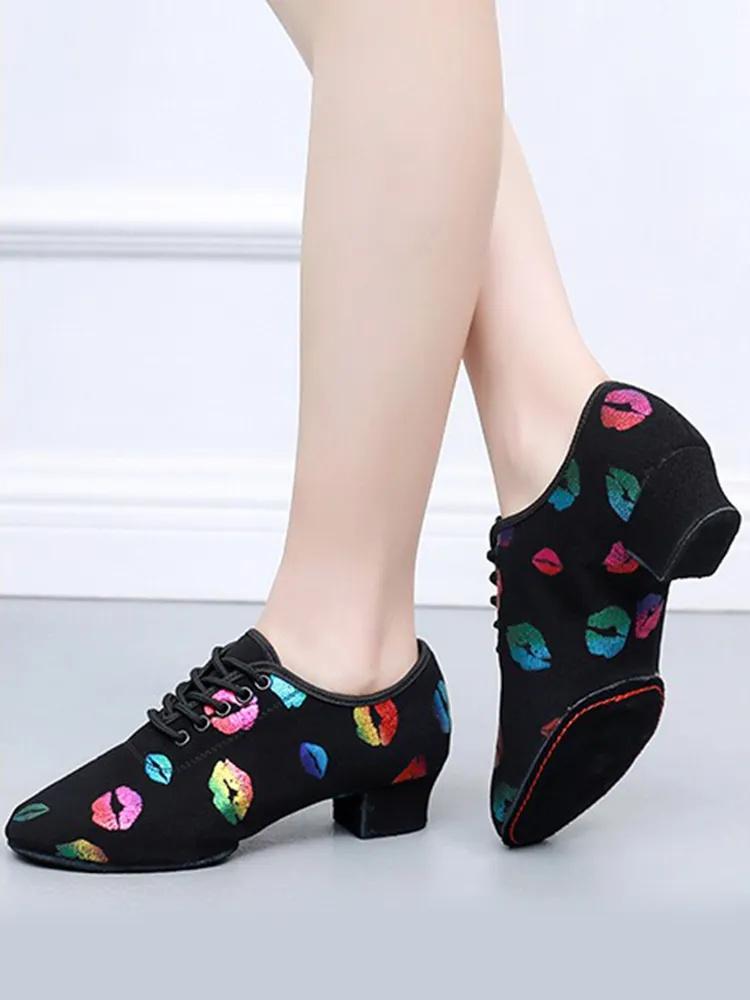 Colorful Oxford Cloth Dance Shoes Colorful Lip Print Women's High Heel Latin Dance Shoes Belly Dance Training Shoes