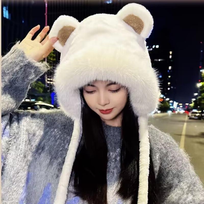 Winter Warm Plush Lacing Pompom Balls Cute Bear Women Cap Fashion Outdoor Windproof Ear Protection Caps
