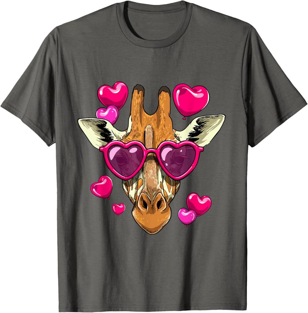 Giraffe Heart Sunglasses Valentines Day Funny Animal Graphic Tee Short Sleeve Casual Crewneck T-Shirt