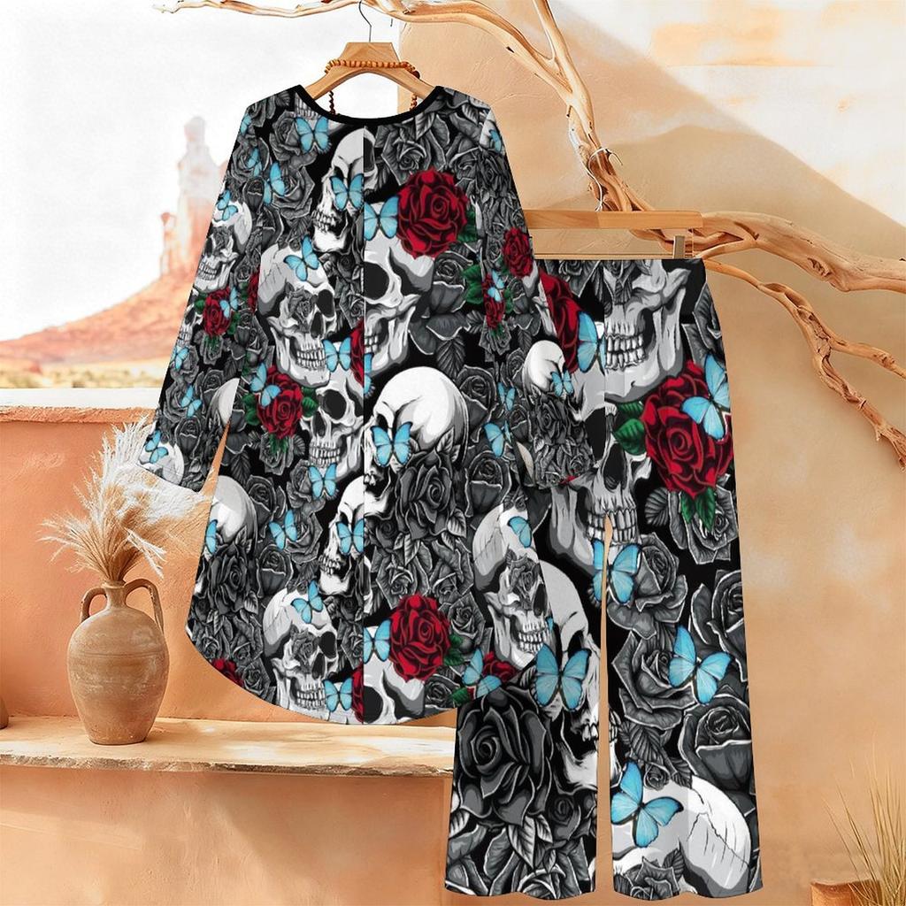 Halloween Print Two Piece Outfit Women Long Sleeve Irregular Hem Tunic Top Wide Leg Pants Casual Matching Set
