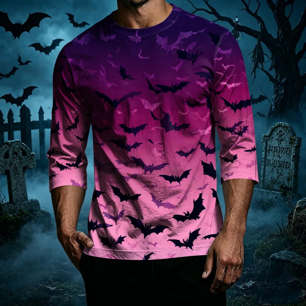 Men's Casual Halloween Print Crew Neck T Shirt Three Quarter Sleeve Relaxed Fit Top with Shoulder Seam Design for Everyday Wear