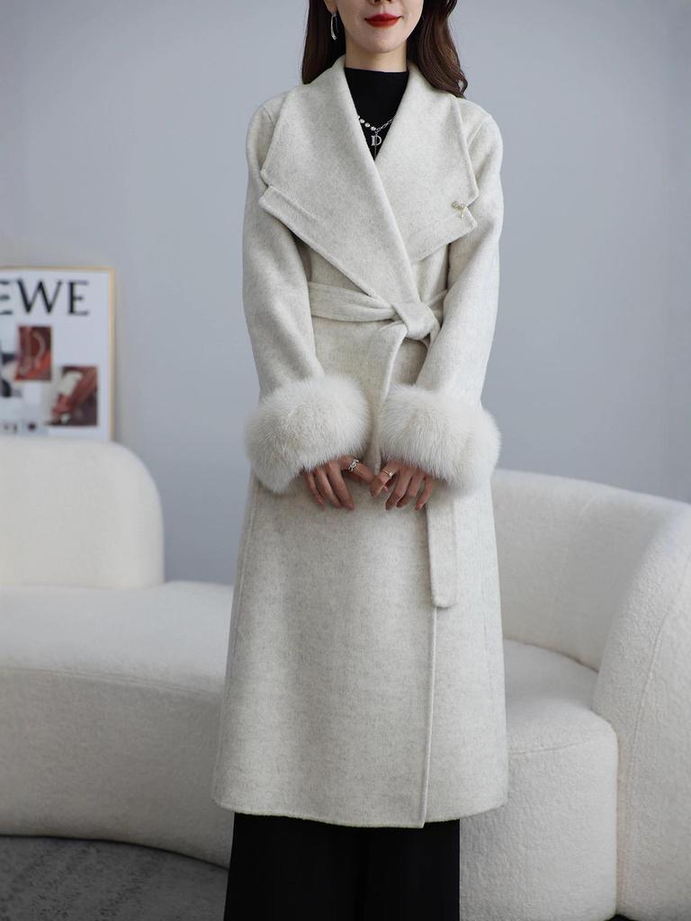 2025 Women's French Double-Faced Wool Coat with Cashmere & Real Fox Fur