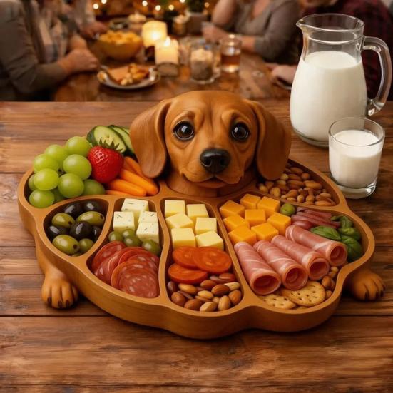 Wooden Serving Tray with Multiple Compartments Rustic Dog Shape Cheese Meat Fruit Snack Board for Parties Family Dinners Farmhouse Decor Gift
