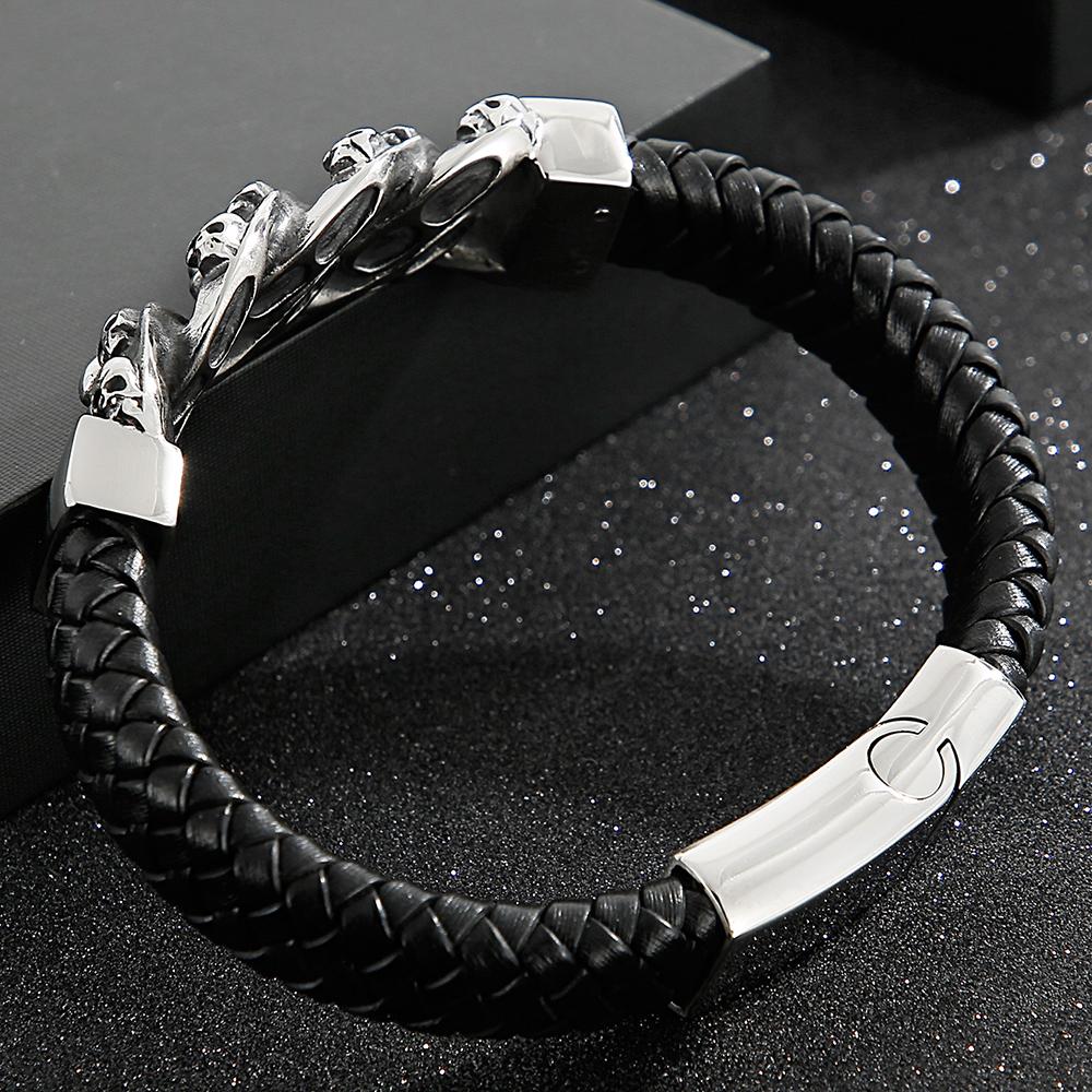 Punk 316L Stainless Steel Skull Bracelet for Men Vintage Men's Braided Leather Rope Chain Wrap Bracelets Massive Male Jewelry