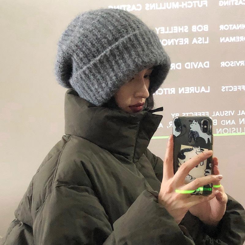 Wool Solid Color Knitted Hat for Women In Autumn and Winter Versatile Big Head Circumference Pile Hat Cold Hat Warm Face Small Wool Hat Men