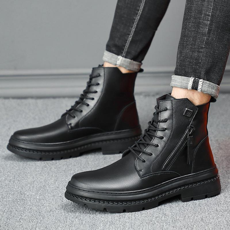 Winter men's leather boots leather warm Martin boots wool trend boots fleece single boots men's shoes soft handsome