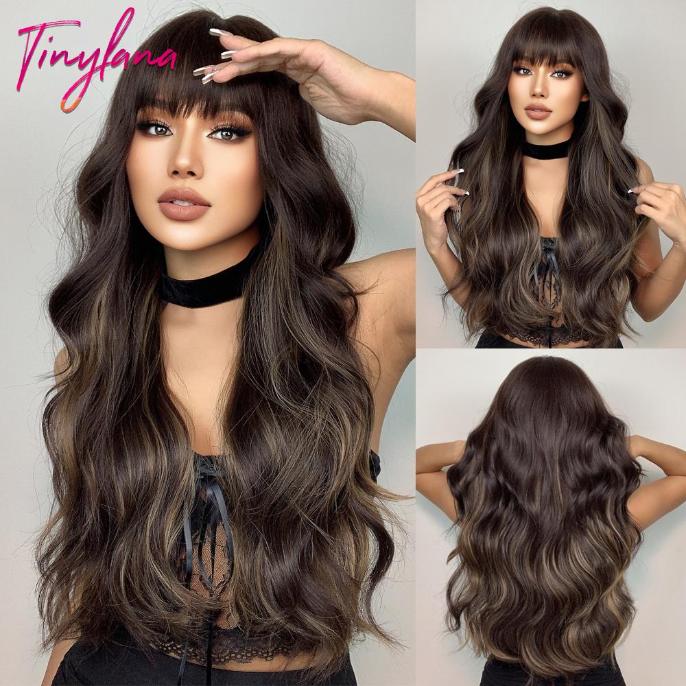 Lang Golvend Bordeaux Donkerrood Synthetisch Haar Pruiken met Pluizige Pony voor Vrouwen Wijnrood Body Wave Halloween Cosplay Natuurlijke pruik