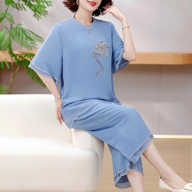 4XL-8XL Plus Size Chiffon Two Piece Sets Women Summer Elegant Summer Clothes for Woman Pants Sets Casual Oversize Blouses