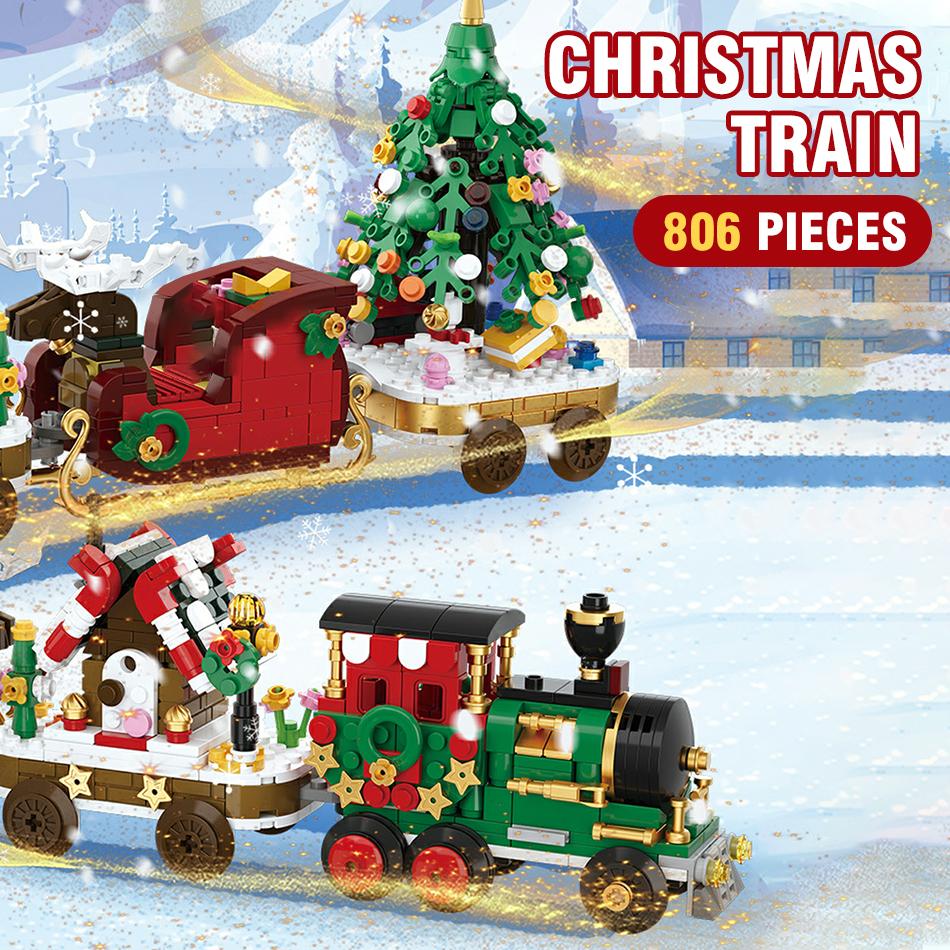 Christmas Train Santa Claus Sleigh Carriage Christmas Tree Building Blocks DIY Assembly Children Bricks Toys for Kids Xmas Gifts
