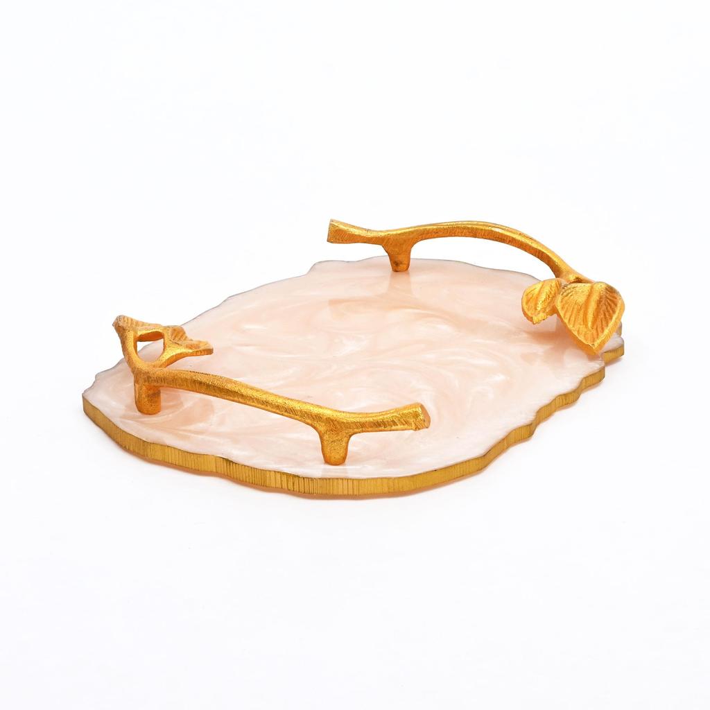 Luxury Marble Finish Leaf Handle Serving Tray – Gold Accents