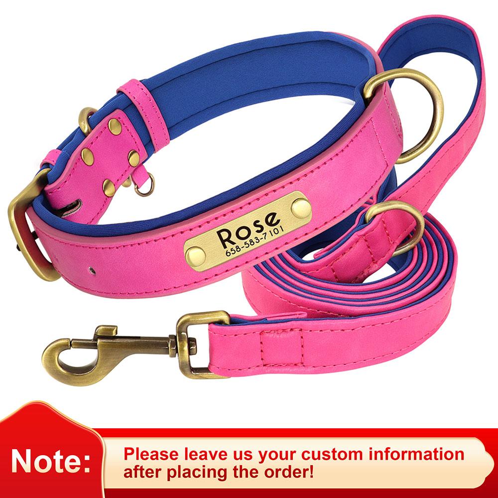 Personalized Dog Collar Leash PU Leather Dogs Collars Pet Rope Engraved Pet ID Name Necklace for Small Large Dogs Soft Padded