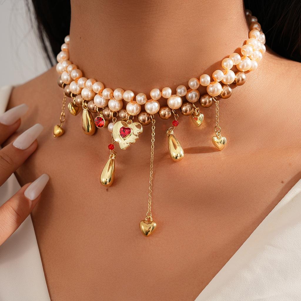 Diamond-set Imitation Pearl Beaded Love Water Drop Fringed Neck Chain Court Style Necklace