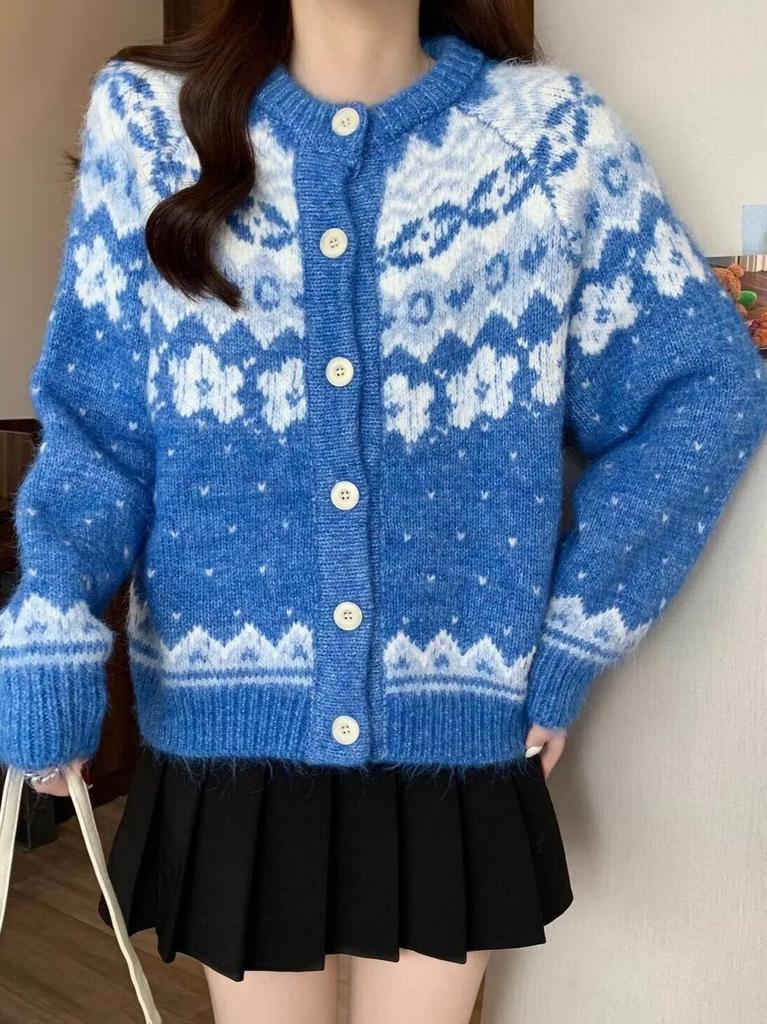 Korean Fair Isle Loose Knit Sweater Cardigan - Autumn/Winter Women's Versatile Round Neck