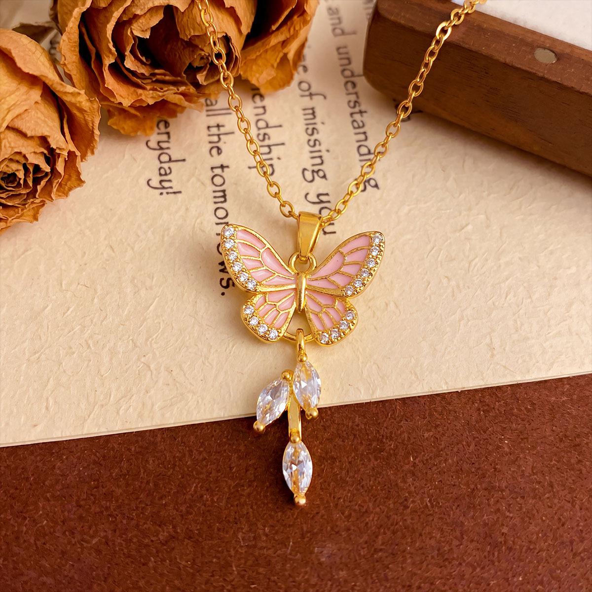 Light Luxury Niche Sweet Collarbone Butterfly Necklace Pink Butterfly