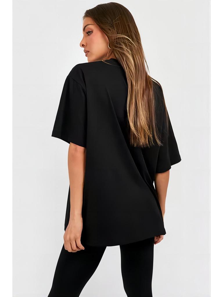 Women's Black Casual Round Neck Short Sleeve T-shirt with Letter Print