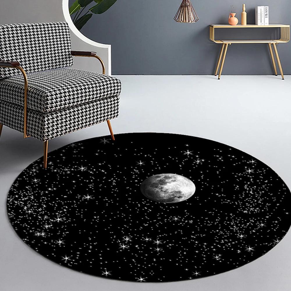 Black Starry Sky Round Carpet Modern Living Room Bedroom Study Floor Mat Star and Moon Illustration Beautiful Room Floor Decor