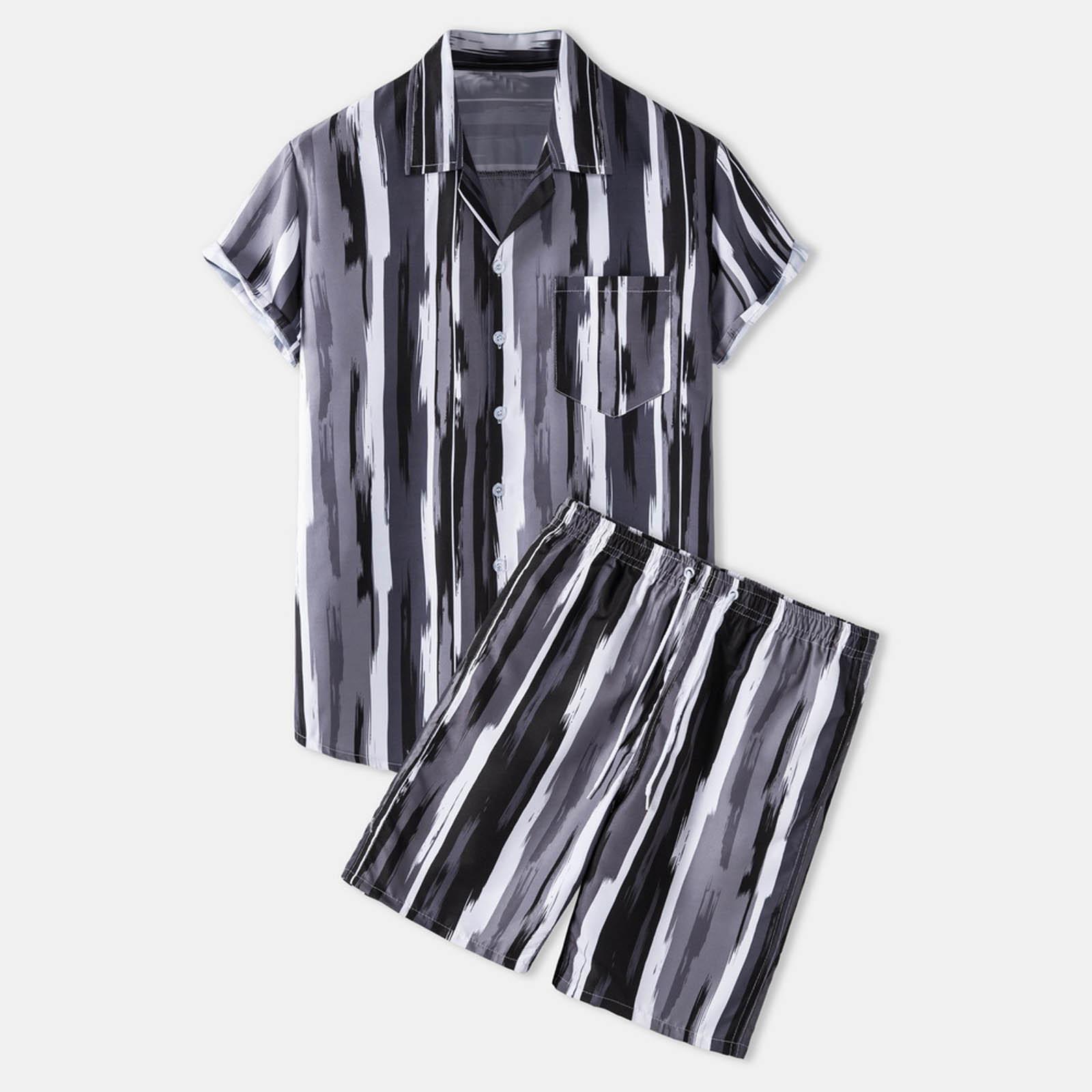 

Men’s Summer 2-Piece Beach Printed Short Sleeve Shirts & Shorts Pants Sets M чёрный